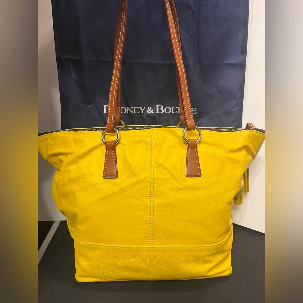Dooney & Bourke Bright Yellow Leather Tote with Brown Straps and Dust Bag - Picture 5 of 16